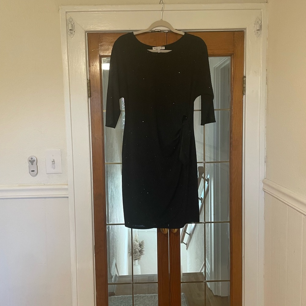 Robbie Bee | Black 3/4 Sleeve Glitter Faux Wrap Dress | M - Picture 3 of 9